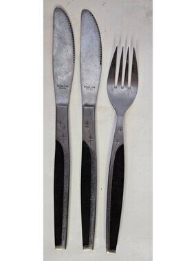 Vintage Mar-Crest Ebony Elegance Stainless Steel Flatware Atomic 2 Stars MCM